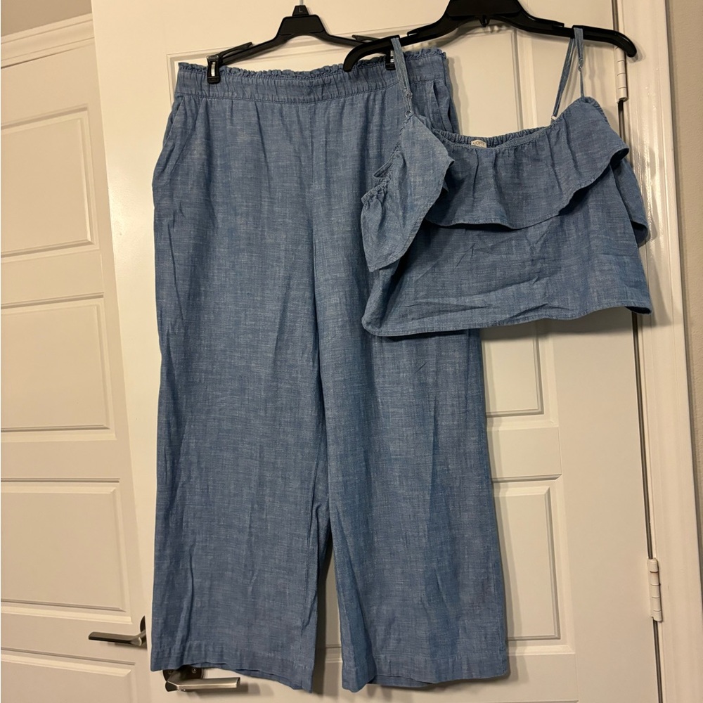 LOFT Light Blue Cropped Wide-Leg Pants and Ruffle Crop Top Set